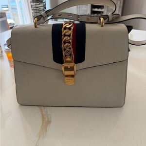 Gucci Cream Leather Top-Handle Satchel with Navy-Red Web and Gold Chain